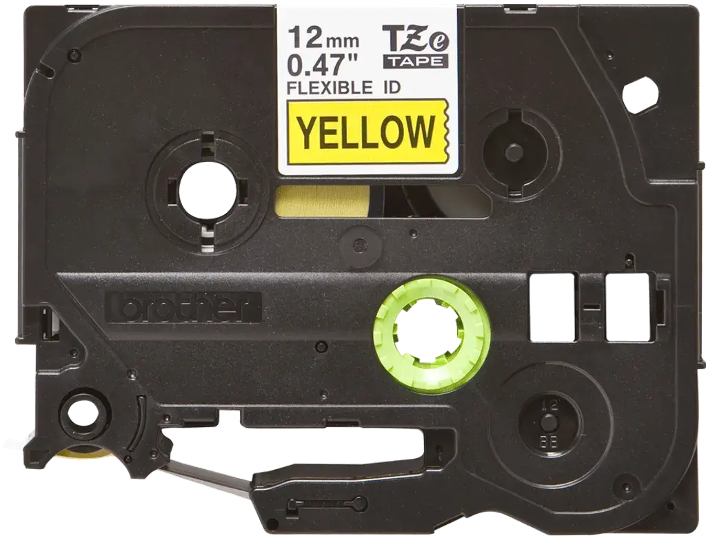 TZeFX631. Cinta BROTHER Flex 12mm Negro en Amarillo 8mt p/PT-H110 Extra-Flexible