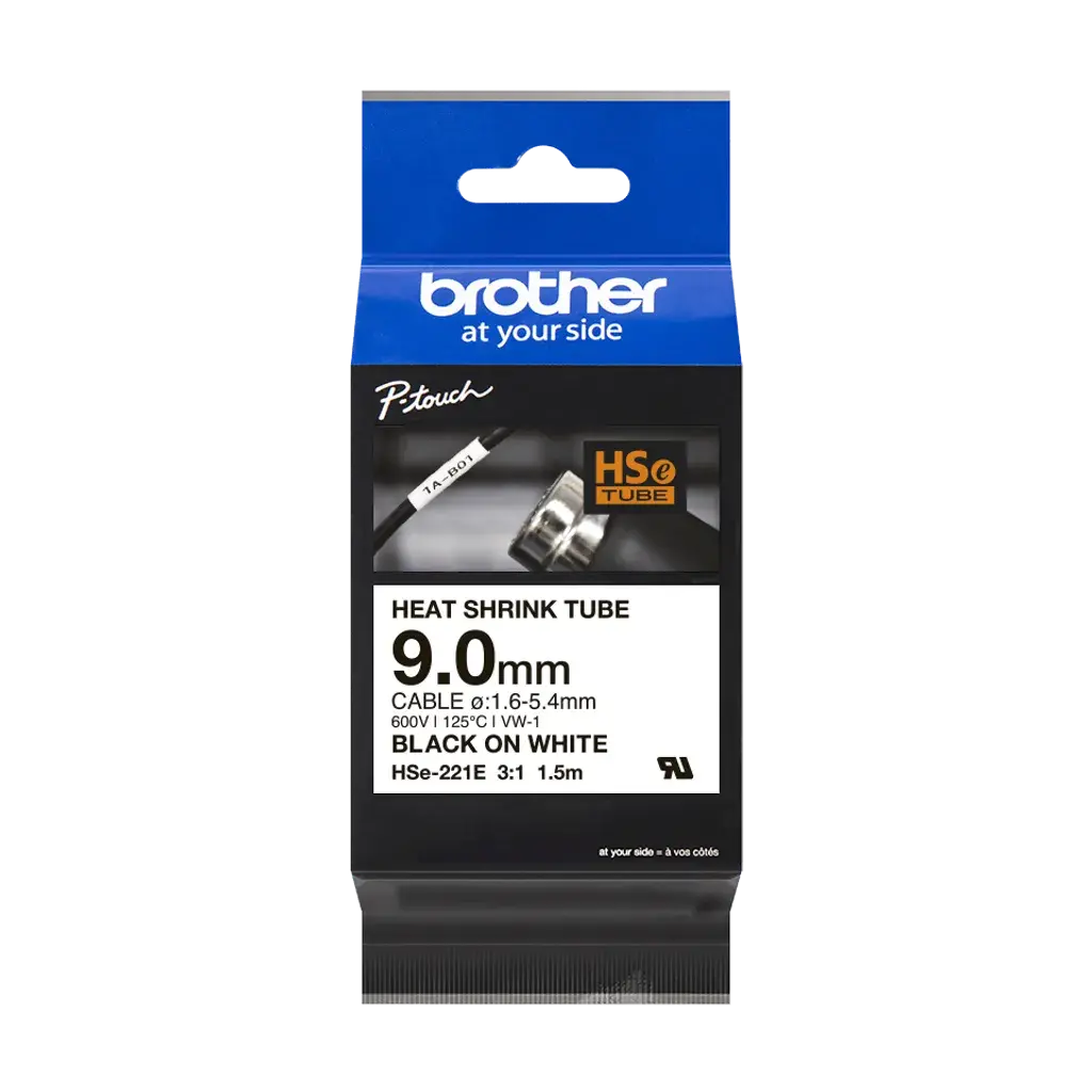 HSe221e. Tubo BROTHER 9mm Termo retráctil 1,6-5,4mm Negro en Blanco de 1,5mt