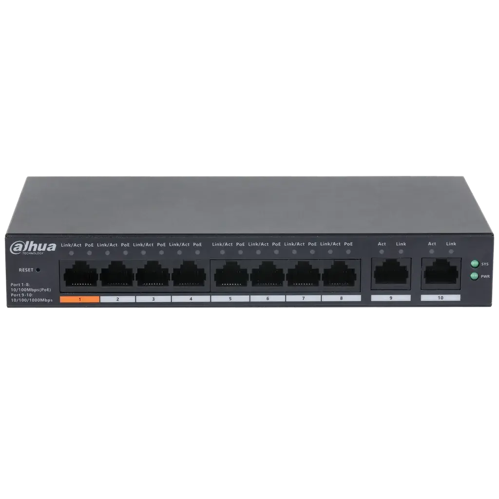DH-CS4010-8ET-60. Switch dahua cloud de 8 puertos PoE 10/100 Mbps 2 puertos Uplink de 10/100/1000 Mbps, soporta máximo 60W entre todos sus puertos PoE