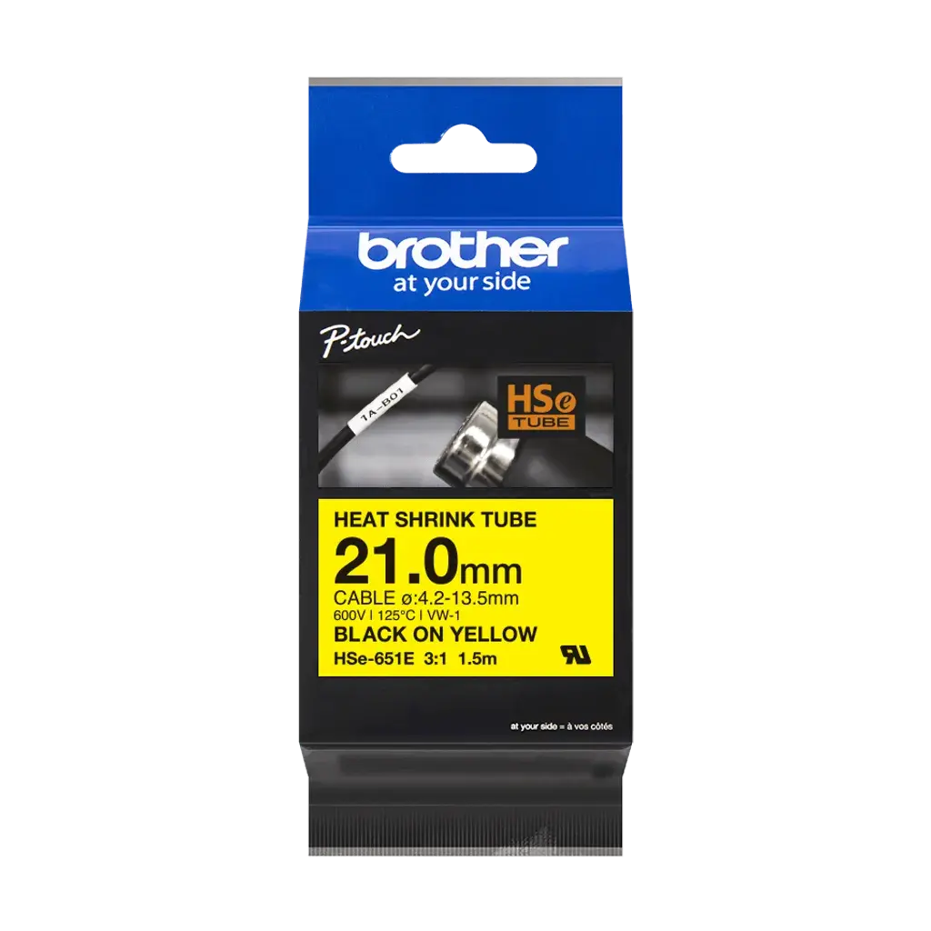 HSe651e. Tubo BROTHER 21mm Am Termo retráctil 4,2-13,5mm Negro en Amarillo de 1,5mt