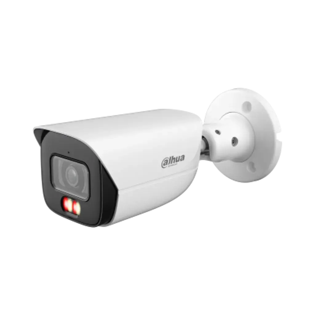 DH-IPC-HFW3449EP-AS-IL-0280B. Cámara IP Dahua tipo Bala, 4MP, lente fijo 2.8mm, Luz multi-color integrada alcanza 50M de iluminación, Posé IA (IVS, SMD, AcuPick), Tecnología Xinghan, Protección IP67.