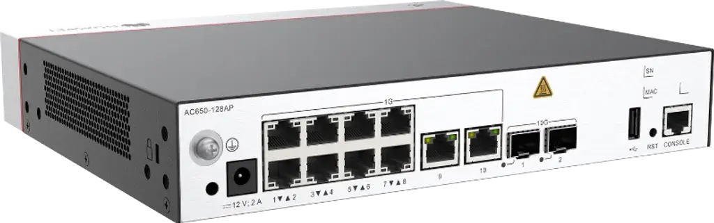 AC650-128AP. Controlador WAC Huawei para 128 AP cuenta con 10 puertos 10/100/1000BASE-T y 2 puertos 10GE SFP+