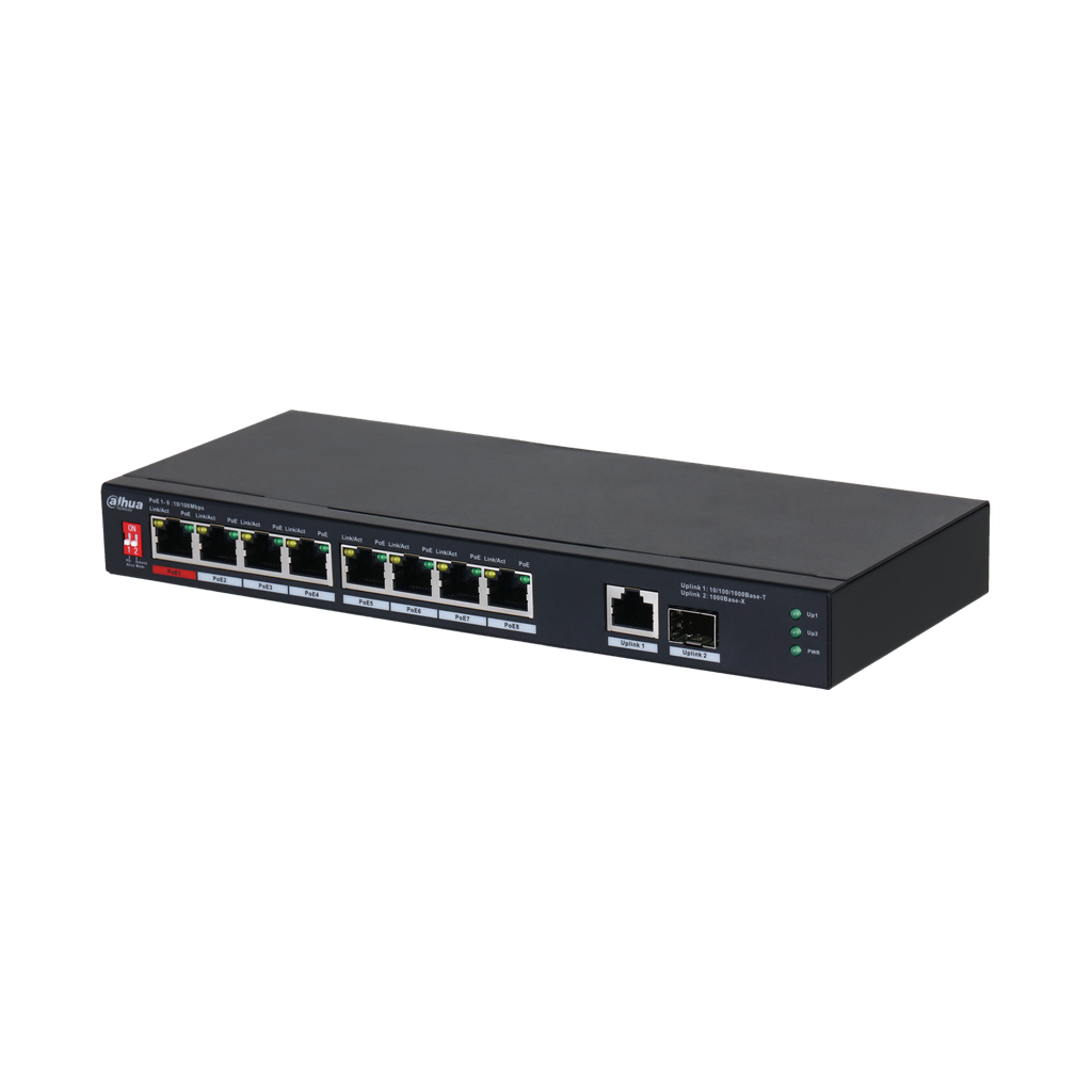 DH-PFS3110-8ET1GT1GF-96. Switch PoE Dahua 8 Entradas PoE Fastethernet, 1 Uplink Gigabits, 1 SFP Upli