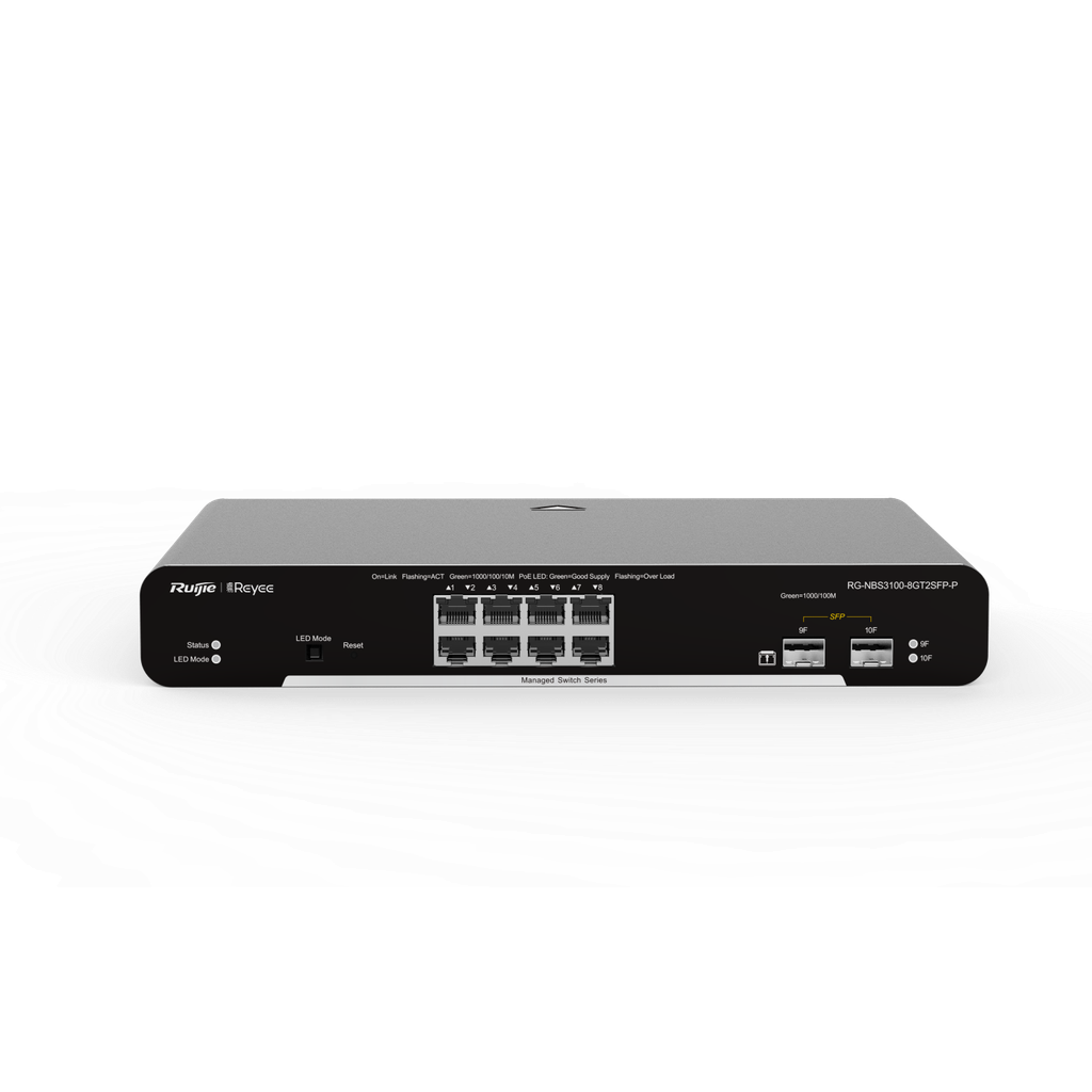 RG-NBS3100-8GT2SFP-P. Switch REYEE administrable por cloud 8 puertos PoE Gigabit 2 Puertos SFP 125W.