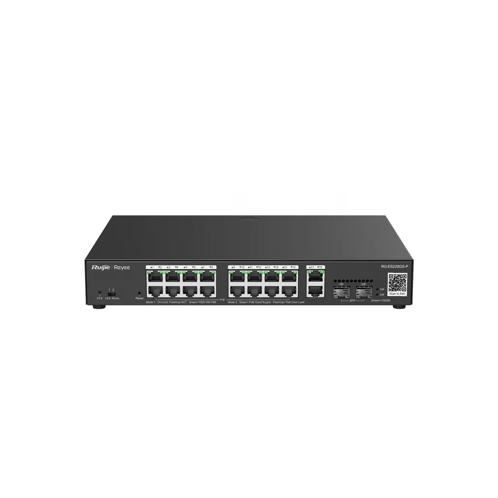 RG-ES220GS-P. Switch Smart cloud REYEE 16 puertos PoE Giga ethernet 2 puertos Gigabit 2 SFP 250W.